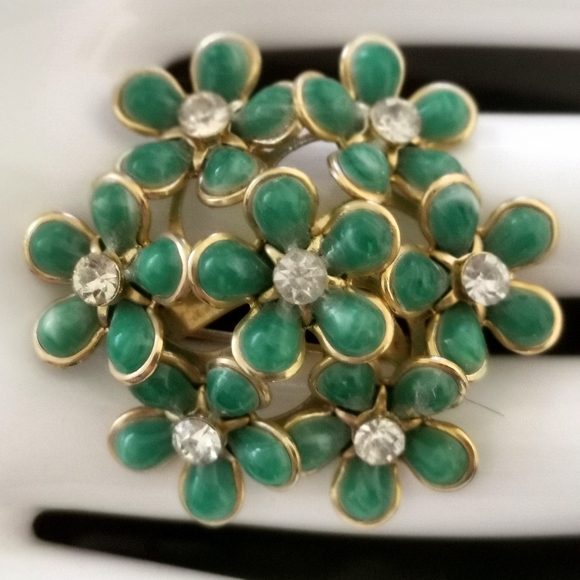 Vintage Coro Green Lucite Layered Flowers & Rhinestone Brooch Pin - Picture 3 of 5